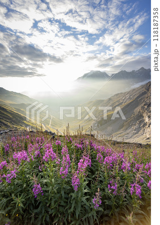 Impressive sunrise at italian Dolomiites. Wonderful Picturesque landscape with colorful dramatic sky over the mountain valley. Impressive sunrise at italian Dolomiites. Wonderful Picturesque landscape with colorful dramatic sky over the mountain valley. 118187358
