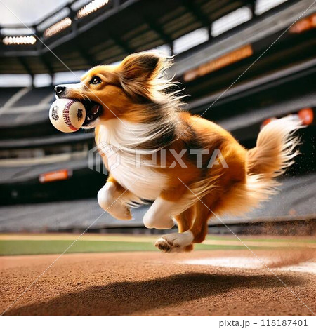 野球のボールを咥えて走るコーイケルホンディエ 118187401