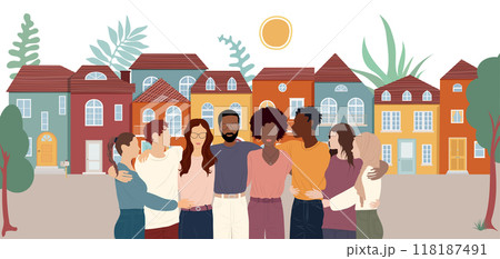 Community and sharing between neighbors. Neighborhood concept meeting or acts of care - care jobs.A group of multicultural people embracing seen from the front with a background of houses Community and sharing between neighbors. Neighborhood concept meeting or acts of care - care jobs.A group of multicultural people embracing seen from the front with a background of houses 118187491