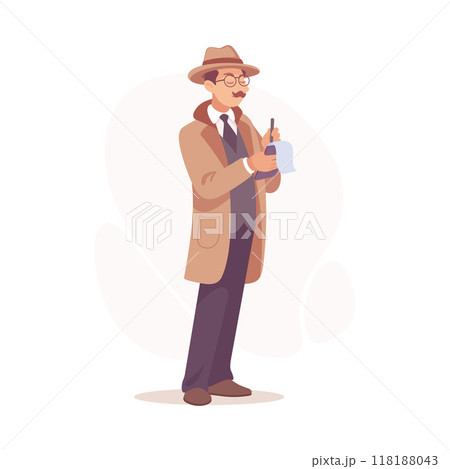Inspecting Detective Man Character Investigating Case Write Notes Vector Illustration 118188043