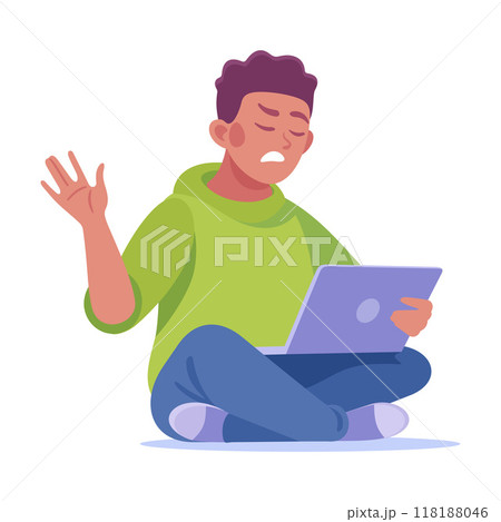 Angry Frown Man Character with Laptop Vector Illustration 118188046