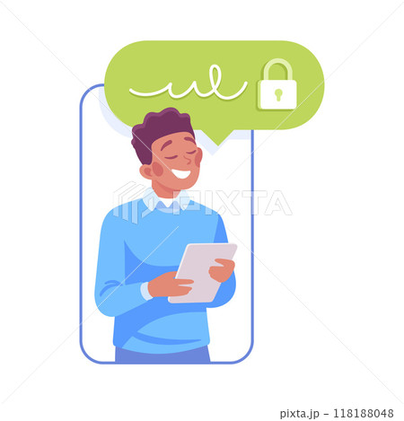 Happy Man Character with Tablet Pc Vector Illustration 118188048
