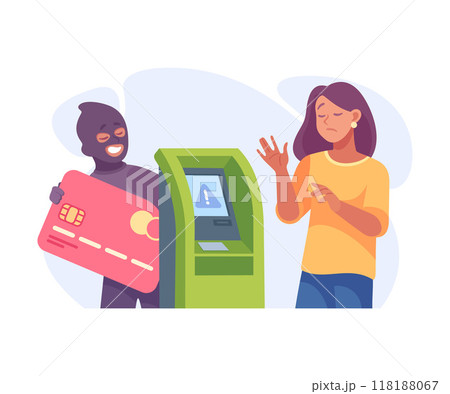 Man Criminal with Credit Card at Bank Terminal Commit Crime and Theft Vector Illustration 118188067