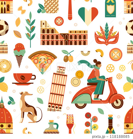 Travel Italy Pattern with Landmarks and Food 118188085