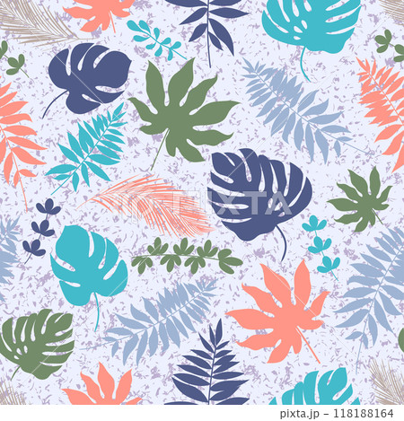 Tropical jungle foliage botanical seamless ornament over noisy background. Retro fabric swatch vector design. Fresh philodendron leaves. Jungle backdrop. Tropical jungle foliage botanical seamless ornament over noisy background. Retro fabric swatch vector design. Fresh philodendron leaves. Jungle backdrop. 118188164