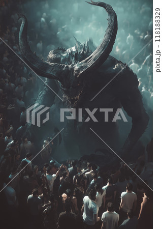 A colossal horned demon towers over a...のイラスト素材 [118188329] - PIXTA