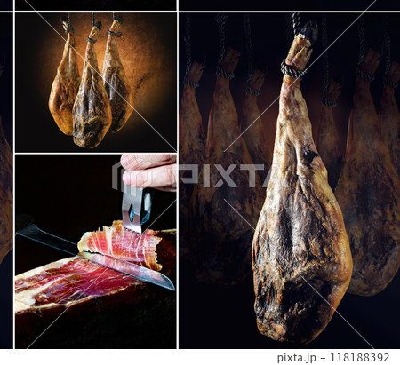 Dry Spanish ham, Jamon Serrano, Bellota, Italian Prosciutto Crudo or Parma ham. Dry Spanish ham, Jamon Serrano, Bellota, Italian Prosciutto Crudo or Parma ham. 118188392