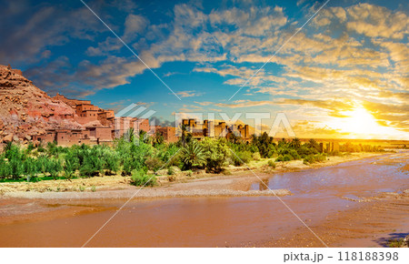 Ouarzazate.Morocco travels and architecture.Village and river. Ouarzazate.Morocco travels and architecture.Village and river. 118188398