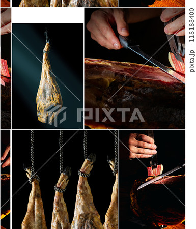 Dry Spanish ham, Jamon Serrano, Bellota, Italian Prosciutto Crudo or Parma ham. Dry Spanish ham, Jamon Serrano, Bellota, Italian Prosciutto Crudo or Parma ham. 118188400