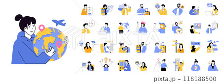 Travel concept mega set with character scenes in flat design for web. Bundle situations with people go in vacation, travelling in global journey, booking tickets, planning trip. Vector illustrations. Travel concept mega set with character scenes in flat design for web. Bundle situations with people go in vacation, travelling in global journey, booking tickets, planning trip. Vector illustrations. 118188500