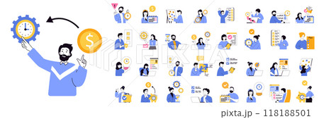 Time management concept mega set with character scenes in flat design for web. Bundle situations with people manage schedule with clock, plan tasks in calendar, work to deadline. Vector illustrations. 118188501