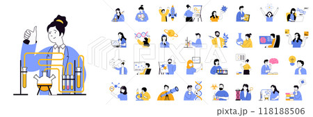 Science lab concept mega set with character scenes in flat design for web. Bundle situations with people make chemical research, learning plants or viruses, work in laboratory. Vector illustrations. 118188506