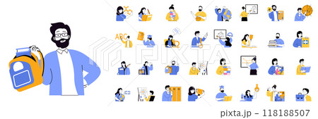 School learning concept mega set with character scenes in flat design for web. Bundle situations with people studying and teaching, reading books, answering at lessons and tests. Vector illustrations. 118188507