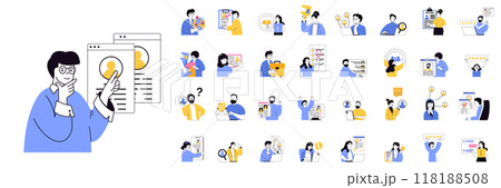 Recruitment concept mega set with character scenes in flat design for web. Bundle situations with people find staff, searching best cv online, interviewing candidates and hiring. Vector illustrations. 118188508