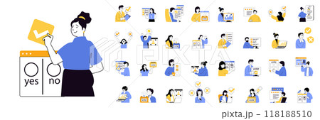 Online voting concept mega set with character scenes in flat design for web. Bundle situations with people choosing in political vote, analyzing politics rating and exit polls. Vector illustrations. Online voting concept mega set with character scenes in flat design for web. Bundle situations with people choosing in political vote, analyzing politics rating and exit polls. Vector illustrations. 118188510
