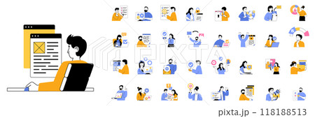 Marketing and development concept mega set with character scenes in flat design for web. Bundle situations with people creating promotion strategy, target, starting advertising. Vector illustrations. Marketing and development concept mega set with character scenes in flat design for web. Bundle situations with people creating promotion strategy, target, starting advertising. Vector illustrations. 118188513