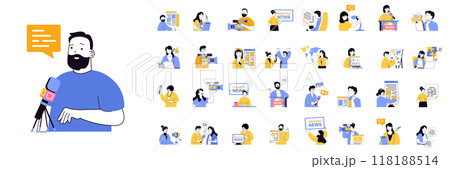 Journalism concept mega set with character scenes in flat design for web. Bundle situations with people talk breaking news, work in tv show, take interview, making reportage. Vector illustrations. Journalism concept mega set with character scenes in flat design for web. Bundle situations with people talk breaking news, work in tv show, take interview, making reportage. Vector illustrations. 118188514