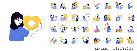 Insurance concept mega set with character scenes in flat design for web. Bundle situations with people using protection policy for saving health, documents, finance, business. Vector illustrations. 118188515
