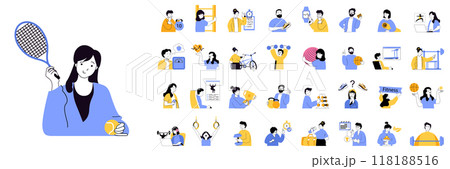 Fitness concept mega set with character scenes in flat design for web. Bundle situations with people playing tennis, doing training, exercising with gym ball, lifting barbell. Vector illustrations. 118188516