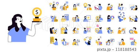 Business concept mega set with character scenes in flat design for web. Bundle situations with people achieving financial goals, making data analysis, managing work processes. Vector illustrations. 118188543