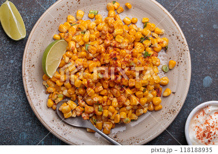 Esquites mexican street corn salad with chili, cilantro and lime juice Esquites mexican street corn salad with chili, cilantro and lime juice 118188935