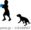 little boy playing with his puppy - vector silhouette 118188947