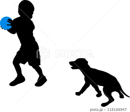 little boy playing with his puppy - vector silhouette 118188947