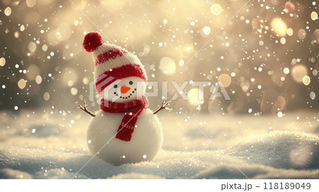 Little cute snowman in a knitted hat and scarf...のイラスト素材 [118189049 ...