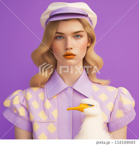 Fashion young woman with duck in a vibrant purple environment Fashion young woman with duck in a vibrant purple environment 118189085