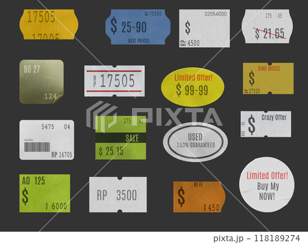 Adhesive paper price tag vector set, blank of best price label with inscription, sticker of special offers and discounts 118189274