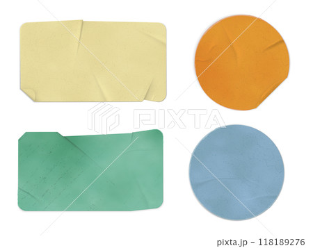 Glued wrinkles rectangular and round old paper sticker vector realistic icons set, crumpled label tapes different colors 118189276