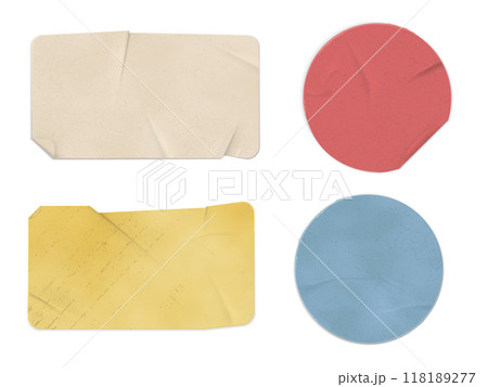 Set of crumpled paper textures of various colors and shapes on an isolated background. 118189277