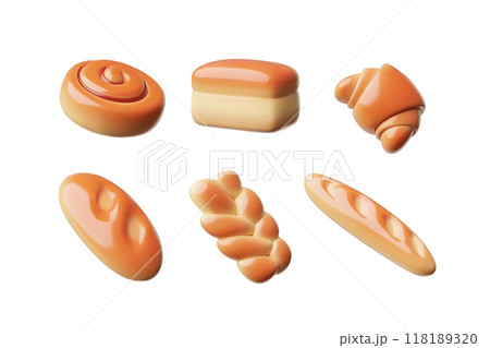 Set of icons for bakery products: 3D loaves, buns, baguettes. 118189320