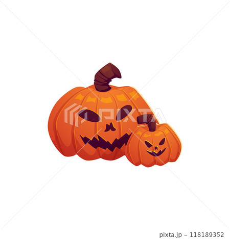 Orange pumpkins big and small with spooky grinning carving face, Halloween symbol, vector cartoon evil expression emoji Orange pumpkins big and small with spooky grinning carving face, Halloween symbol, vector cartoon evil expression emoji 118189352