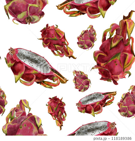 Pitaya pattern, pink dragon fruit. Exotic tropical ripe fruit, slices and whole, hand drawn watercolor pattern in realistic style. Pitaya pattern, pink dragon fruit. Exotic tropical ripe fruit, slices and whole, hand drawn watercolor pattern in realistic style. 118189386