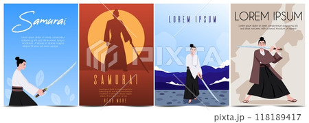 Samurai warrior with sword vector posters set, Japanese fighter with katana weapon, oriental shogun in Bushido costume Samurai warrior with sword vector posters set, Japanese fighter with katana weapon, oriental shogun in Bushido costume 118189417
