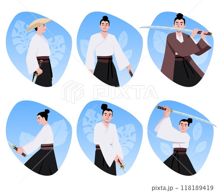 Eastern warriors in different poses with swords. Vector illustration. Eastern warriors in different poses with swords. Vector illustration. 118189419