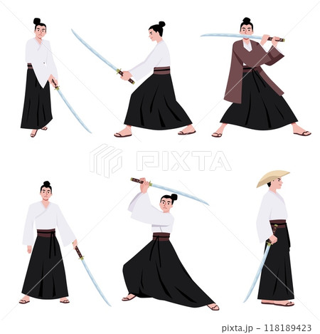 Samurai warrior with sword in different poses vector set, Japanese Samurai fighter with katana shogun in Bushido clothes 118189423