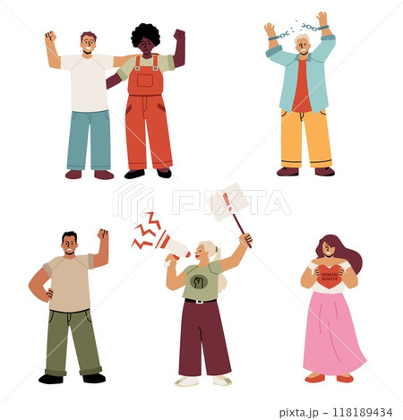 Human rights fight, equality vector flat set, breaks the chain, agitation protesting, multicultural people demonstration Human rights fight, equality vector flat set, breaks the chain, agitation protesting, multicultural people demonstration 118189434