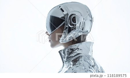 Futuristic silhouette wearing metallic helmet Futuristic silhouette wearing metallic helmet 118189575