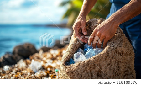 Hands of person cleaning up beach Hands of person cleaning up beach 118189576
