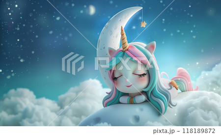Adorable Cartoon Unicorn Girl Sitting On The Moon In A Whimsical And Enchanting Setting, Original Artwork Created By A Talented Artist. Adorable Cartoon Unicorn Girl Sitting On The Moon In A Whimsical And Enchanting Setting, Original Artwork Created By A Talented Artist. 118189872
