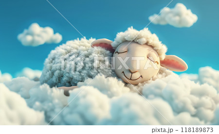 Cute Sheep Floating On Clouds In  Card: Cartoon Kid-Friendly Backdrop With Sleeping Theme Illustration. 118189873