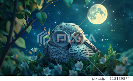 Illustrated Good Night Card Featuring A Sleeping Moon And Adorable Owl In Format. Perfect For Sending Sweet Bedtime Wishes. Illustrated Good Night Card Featuring A Sleeping Moon And Adorable Owl In Format. Perfect For Sending Sweet Bedtime Wishes. 118189874