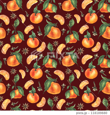 Tangerines with whole leaves and slices with spices, star anise and cloves. Watercolor illustration, hand drawn. Winter, Christmas seamless pattern on a burgundy background Tangerines with whole leaves and slices with spices, star anise and cloves. Watercolor illustration, hand drawn. Winter, Christmas seamless pattern on a burgundy background 118189880