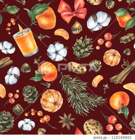 Orange whole and peeled tangerines with candles, pine branch and cone, cotton, spice leaves, cookies and chocolates. Watercolor illustration, hand drawn. Seamless pattern on a burgundy background. Orange whole and peeled tangerines with candles, pine branch and cone, cotton, spice leaves, cookies and chocolates. Watercolor illustration, hand drawn. Seamless pattern on a burgundy background. 118189882