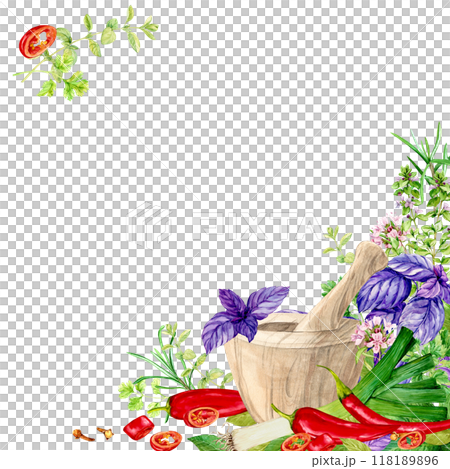 Template with wooden mortar and pestle for spices and aromatic herbs. Watercolor composition with basil, rosemary, parsley, dill, onion, garlic, cilantro, chili, paprika. Banner with space for text. 118189896