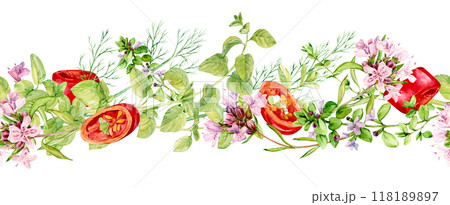 Seamless pattern with kitchen herbs. Rosemary, thyme, chili, bay leaf, cilantro, parsley, paprika. Watercolor botanical illustration. Spices of India, composition on white background. 118189897