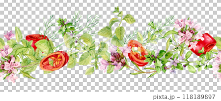 Seamless pattern with kitchen herbs. Rosemary, thyme, chili, bay leaf, cilantro, parsley, paprika. Watercolor botanical illustration. Spices of India, composition on white background. 118189897