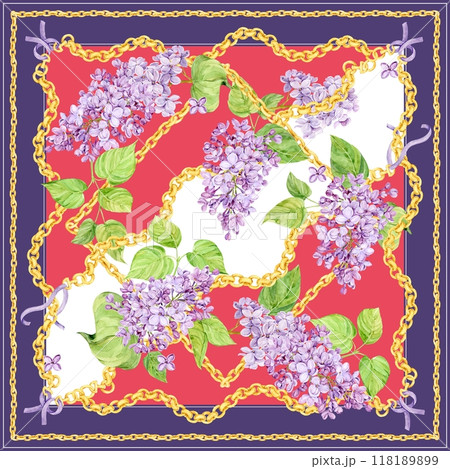 Watercolor pattern for silk scarf and textile print. Design of neck scarf or bandana. Spring flowers lilac and golden juvenile chains. Elegant baroque style for fabric, tippet. Watercolor pattern for silk scarf and textile print. Design of neck scarf or bandana. Spring flowers lilac and golden juvenile chains. Elegant baroque style for fabric, tippet. 118189899